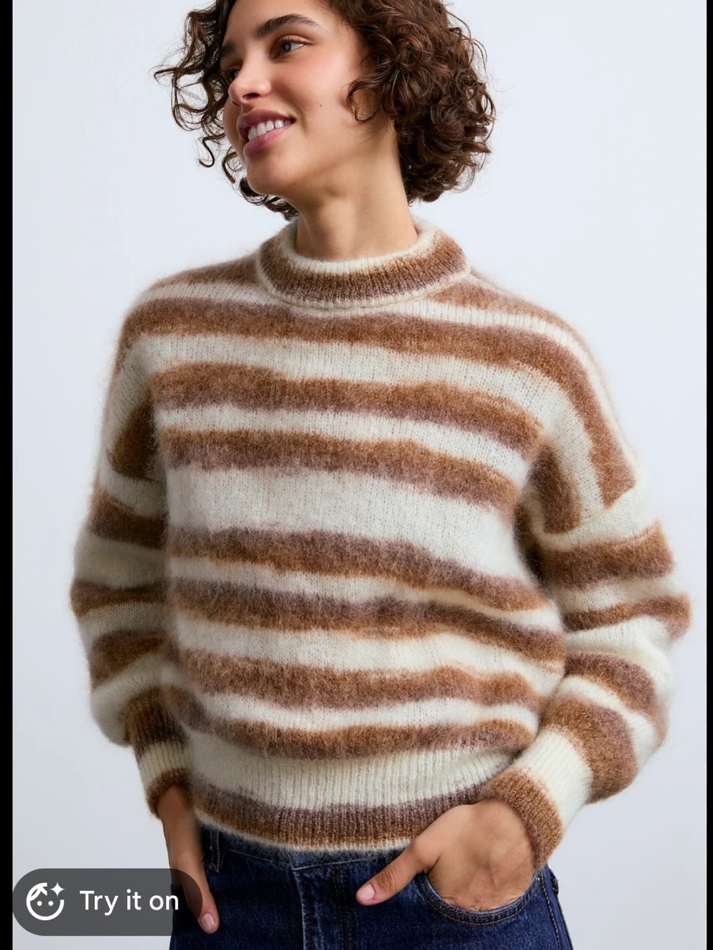 Striped Mohair Sweater in Cream & Brown striped